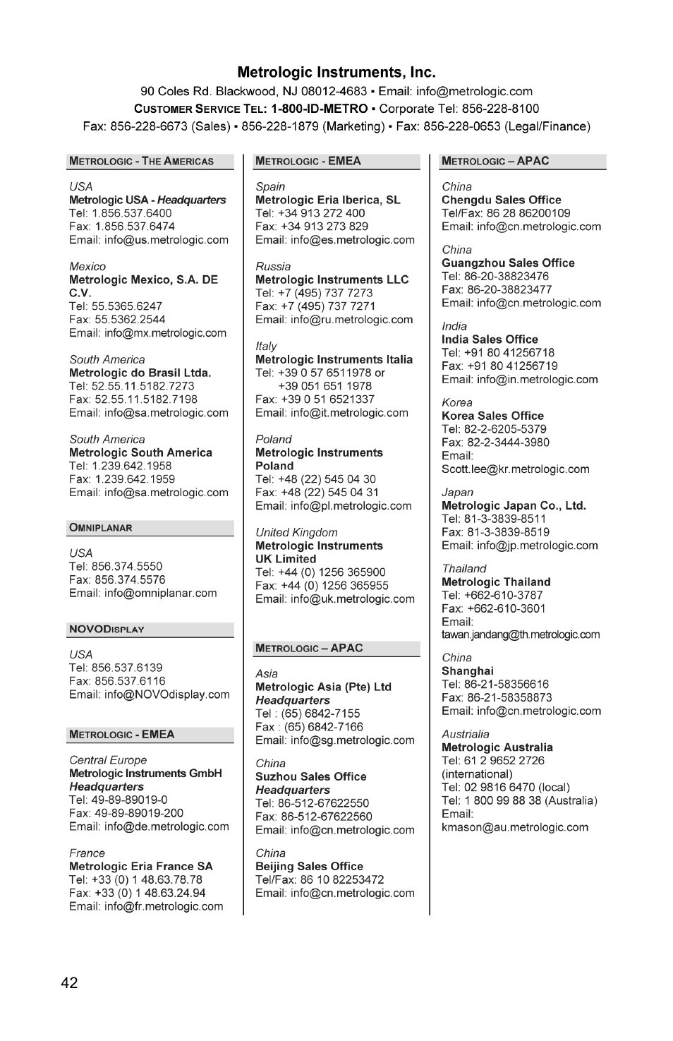 Contact and office information, Contact information and office locations | Metrologic Instruments VOYAGERGS MS9590 User Manual | Page 46 / 47