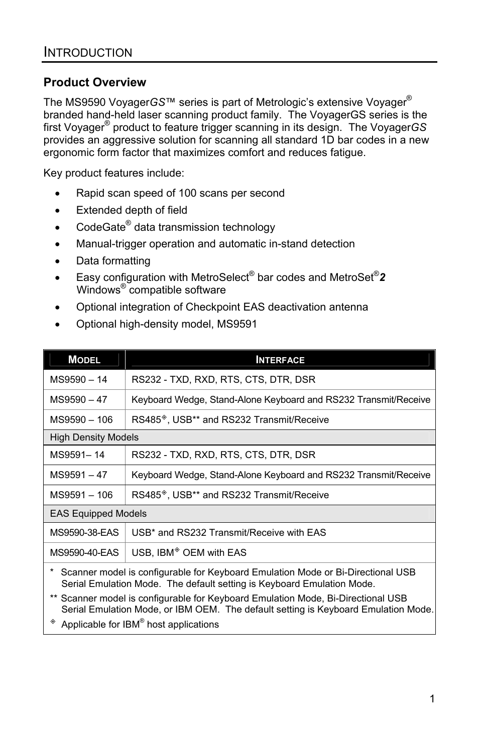 Introduction, Product overview | Metrologic Instruments VOYAGERGS MS9590 User Manual | Page 5 / 47