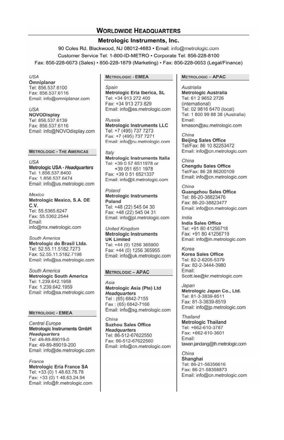 Contact information and office locations | Metrologic Instruments MS7320 User Manual | Page 62 / 64