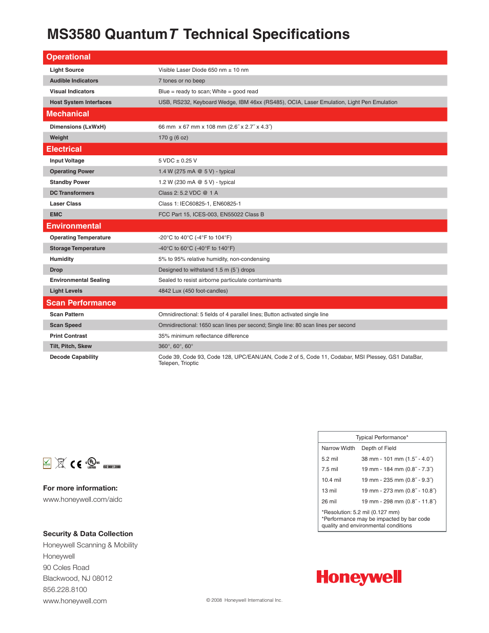 Ms3580 quantum t technical specifications, Operational, Mechanical | Electrical, Environmental, Scan performance | Metrologic Instruments MS3580 User Manual | Page 2 / 2