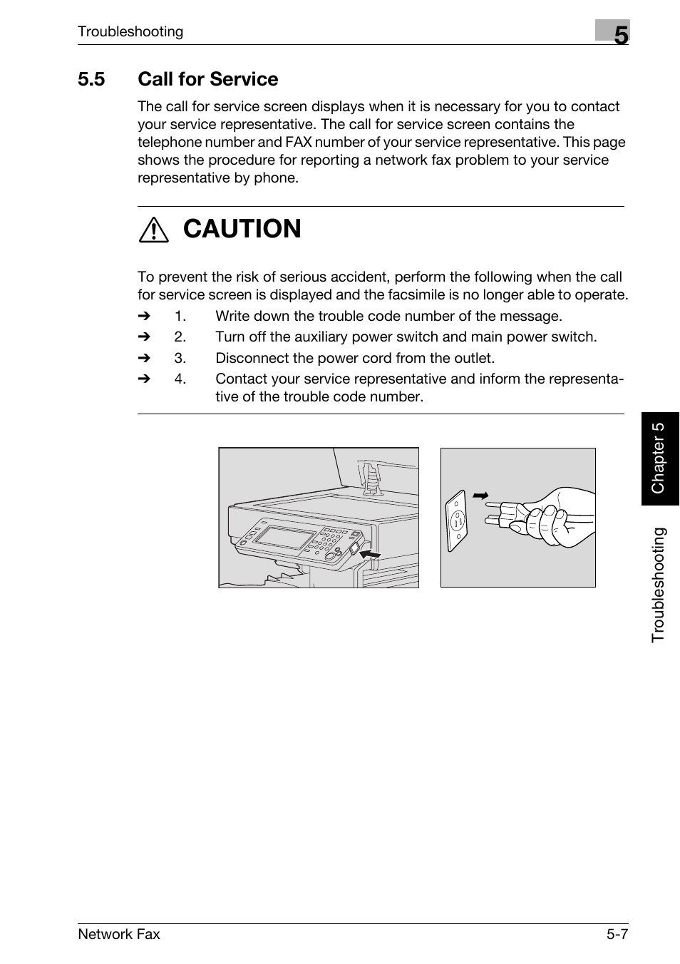 5 call for service, Call for service -7, 7 caution | Konica Minolta bizhub C300 User Manual | Page 112 / 342