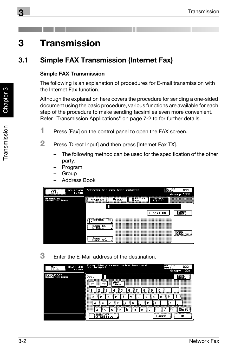 3 transmission, 1 simple fax transmission (internet fax), Simple fax transmission | Transmission, Simple fax transmission (internet fax) -2, 3transmission | Konica Minolta bizhub C300 User Manual | Page 41 / 342