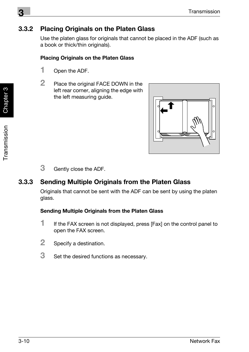 2 placing originals on the platen glass, Placing originals on the platen glass, 3 sending multiple originals from the platen glass | Sending multiple originals from the platen glass, Placing originals on the platen glass -10 | Konica Minolta bizhub C300 User Manual | Page 49 / 342