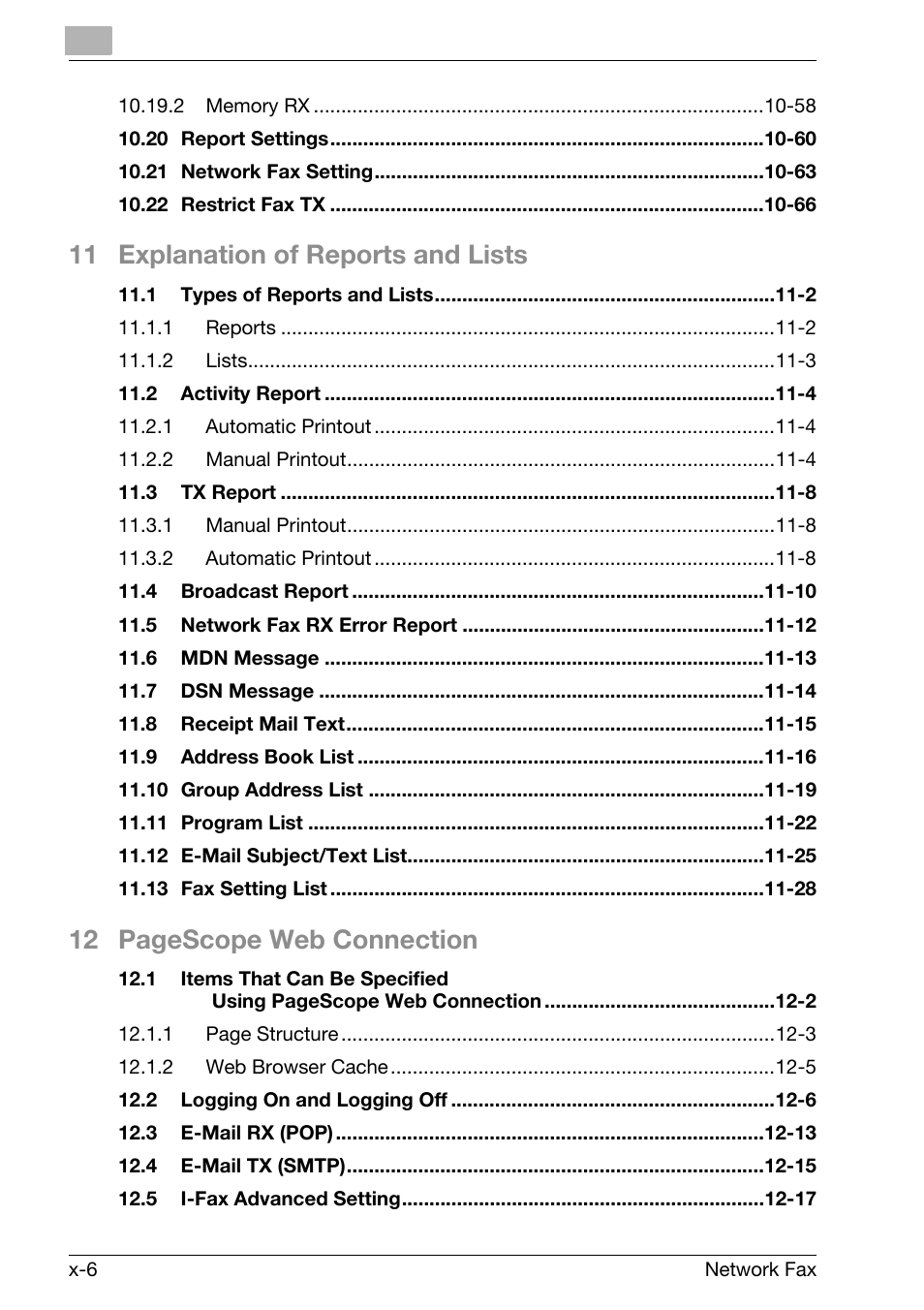 11 explanation of reports and lists, 12 pagescope web connection | Konica Minolta bizhub C300 User Manual | Page 7 / 342