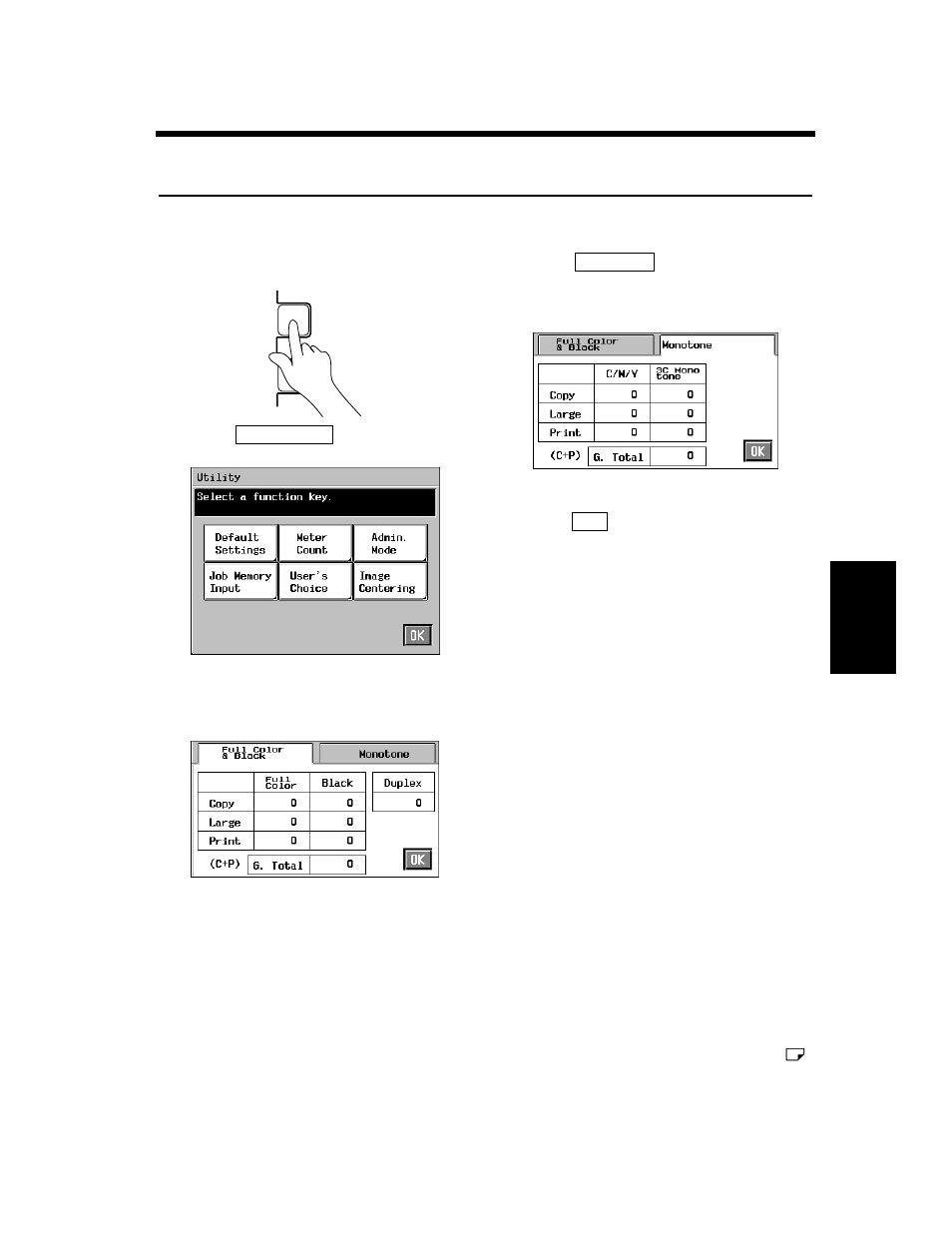 Meter count, Calling up meter count, Glossary of touch panel terms | Printing the meter count data | Minolta CF910 User Manual | Page 152 / 206