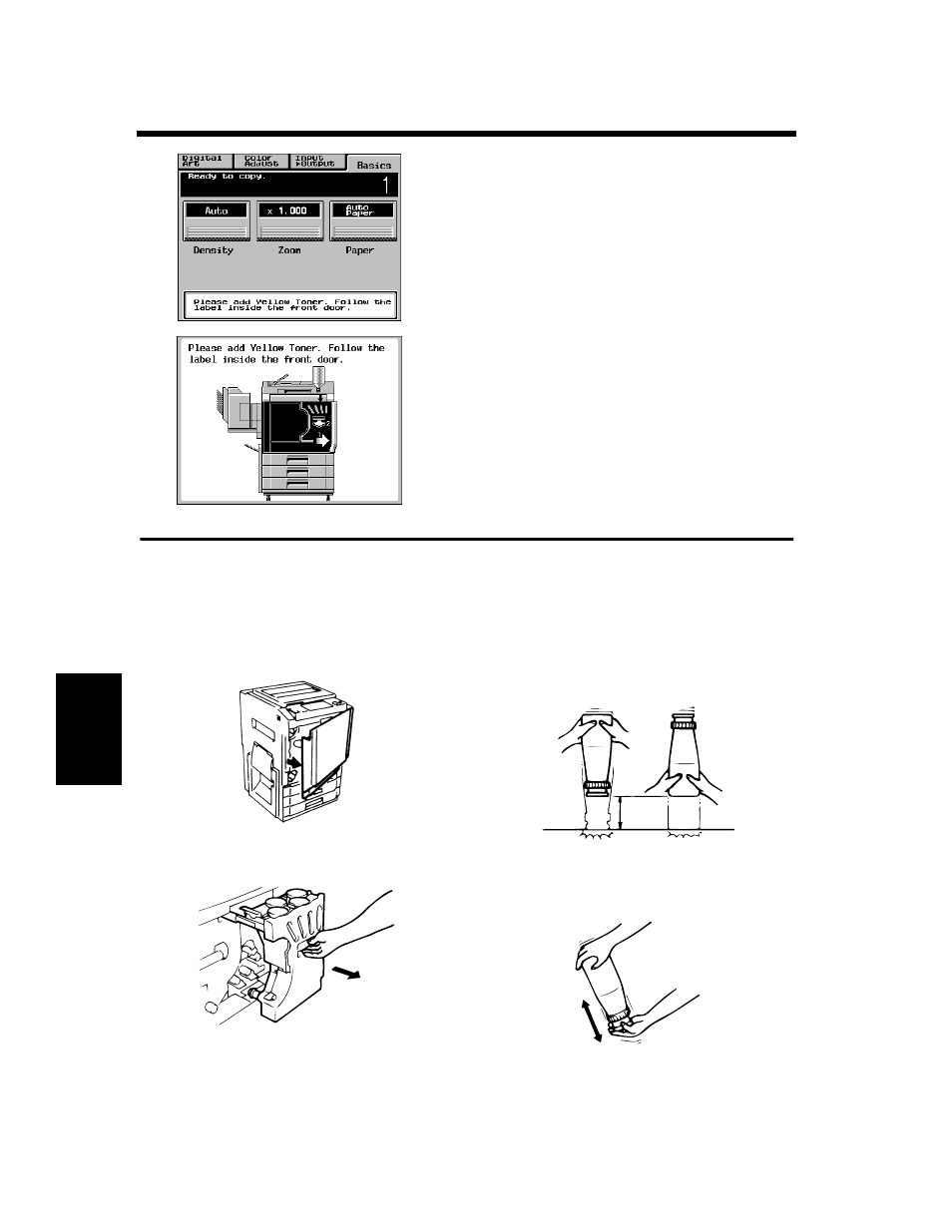 When the message “please add toner.” appears, Replenishing toner | Minolta CF910 User Manual | Page 171 / 206