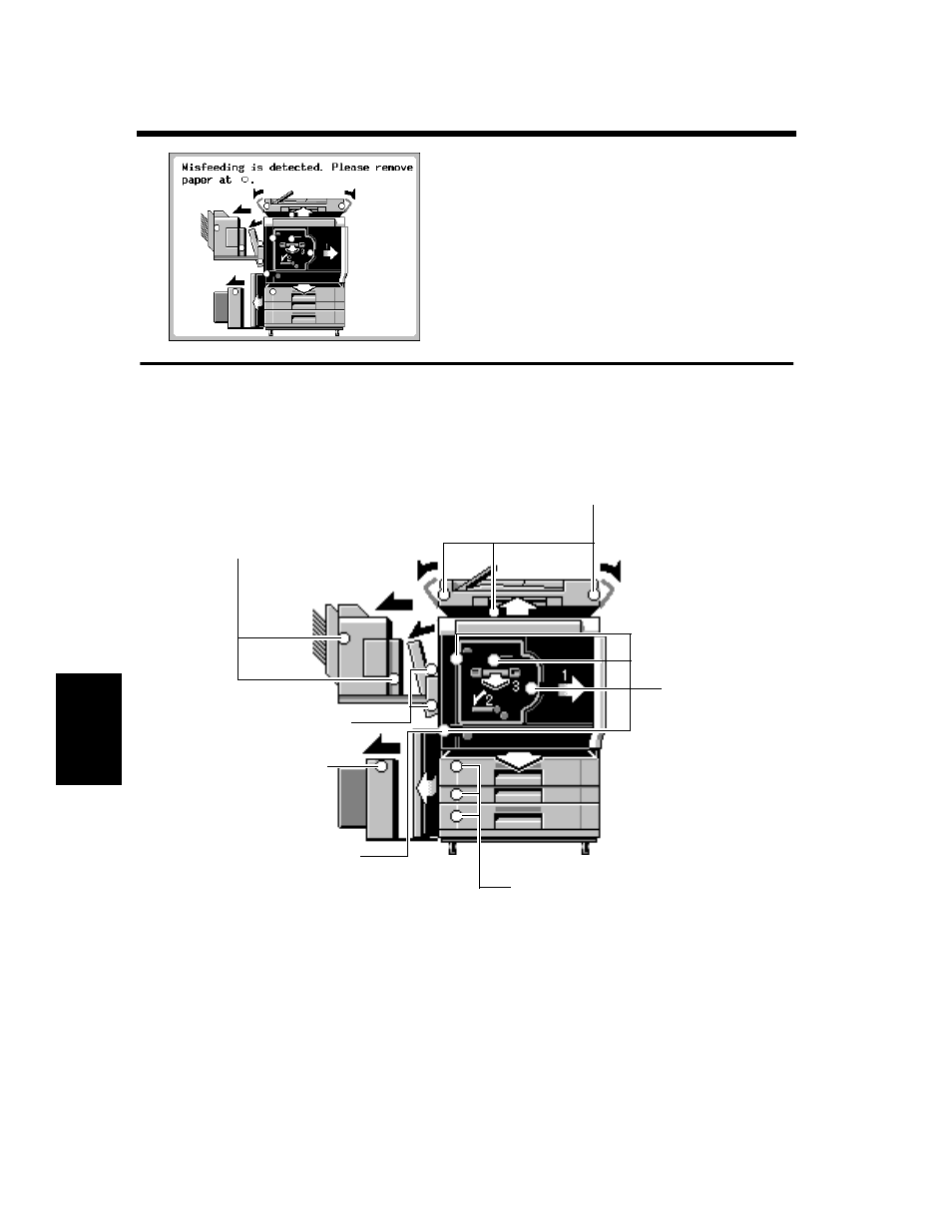 When the message “misfeeding is detected.” appears, Misfeed location displays | Minolta CF910 User Manual | Page 175 / 206