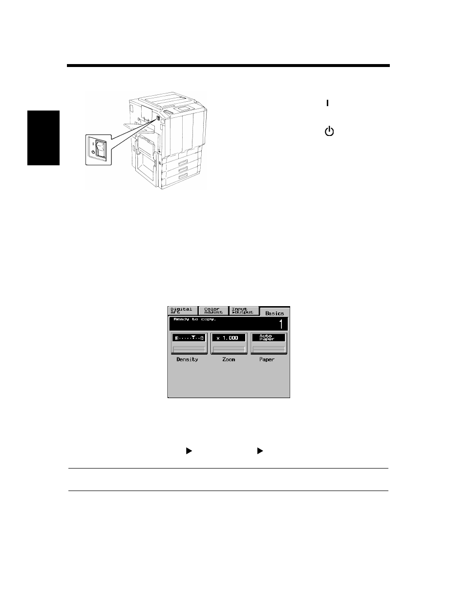 Turning on and off and initial mode, Turning on and off, When copier is turned on | Initial mode | Minolta CF910 User Manual | Page 27 / 206