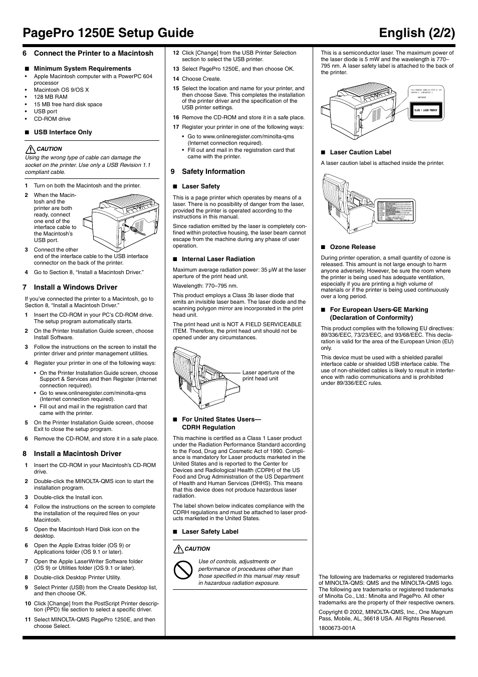 6 connect the printer to a macintosh, Minimum system requirements, Usb interface only | 7 install a windows driver, 8 install a macintosh driver, 9 safety information, Laser safety, Internal laser radiation, Cdrh regulation, Laser safety label | Minolta 1250E User Manual | Page 2 / 2