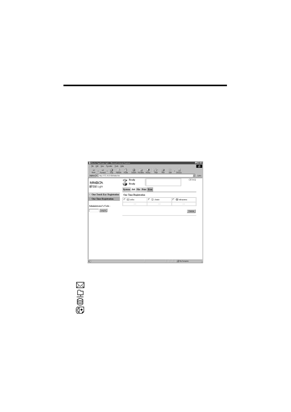 One time registration, P.115 | Minolta CN3101e User Manual | Page 124 / 208