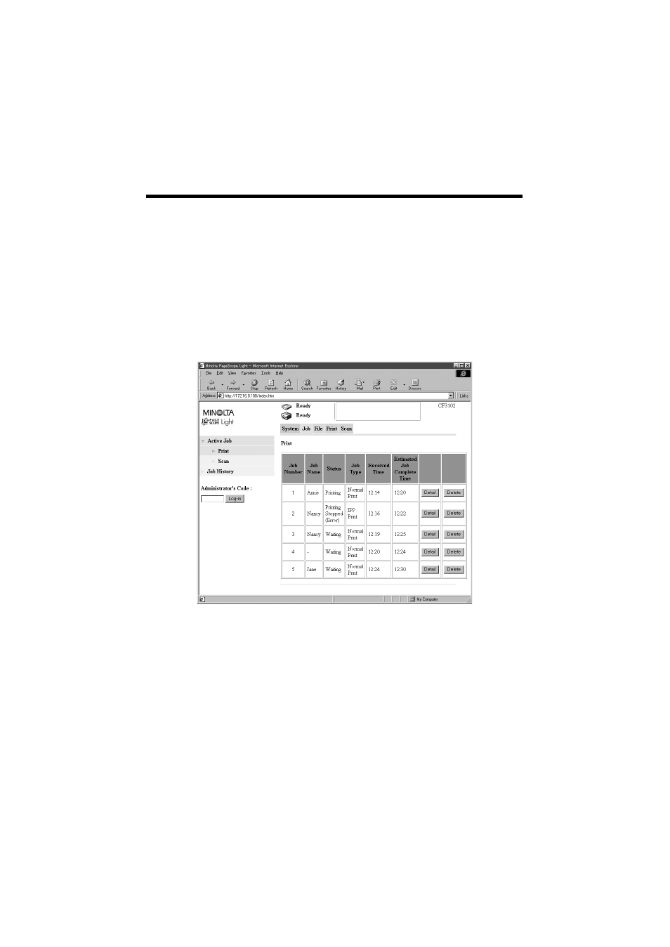 Print job list, 2 job operations on pagescope light | Minolta CN3101e User Manual | Page 135 / 208