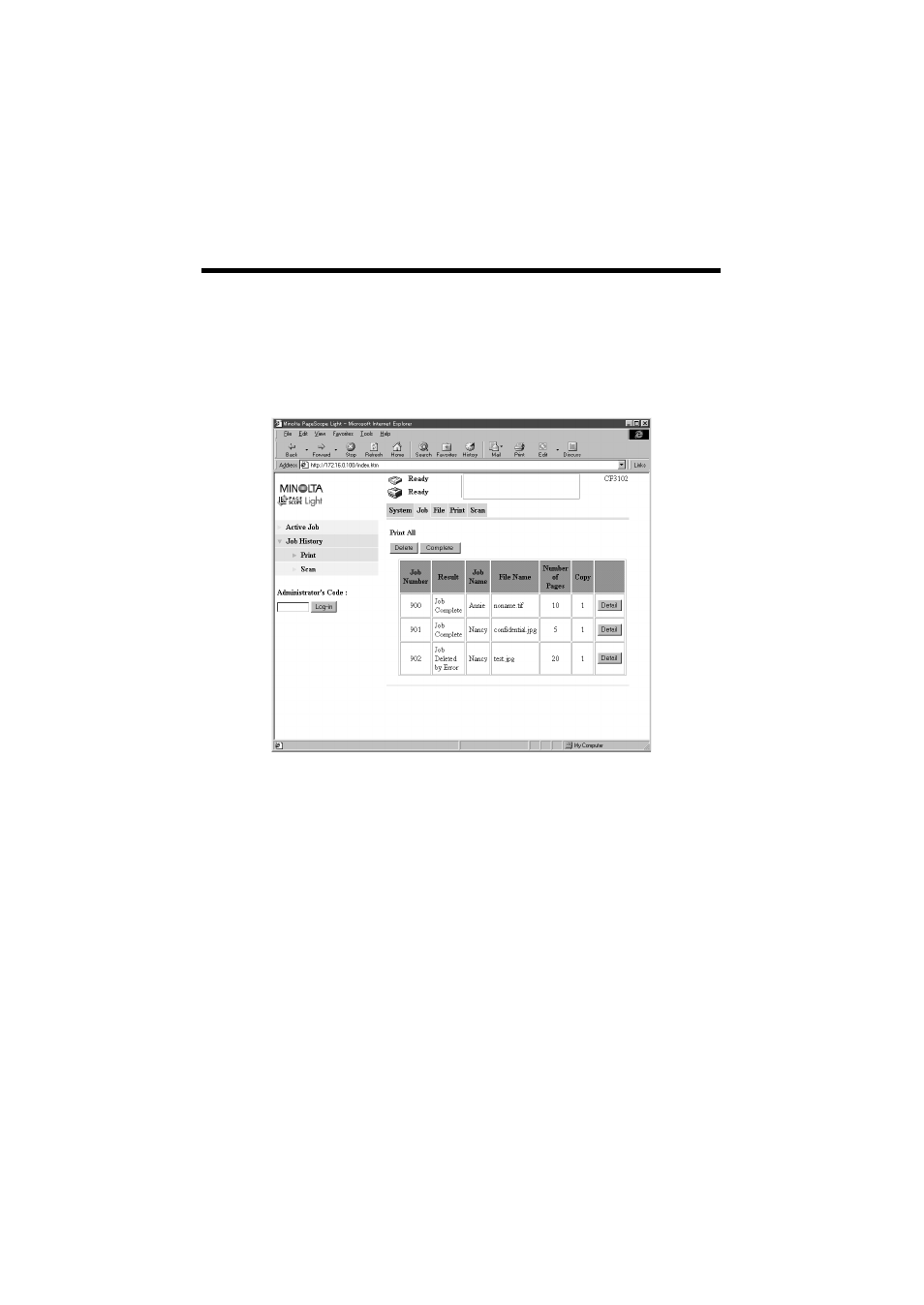 Print job history | Minolta CN3101e User Manual | Page 137 / 208