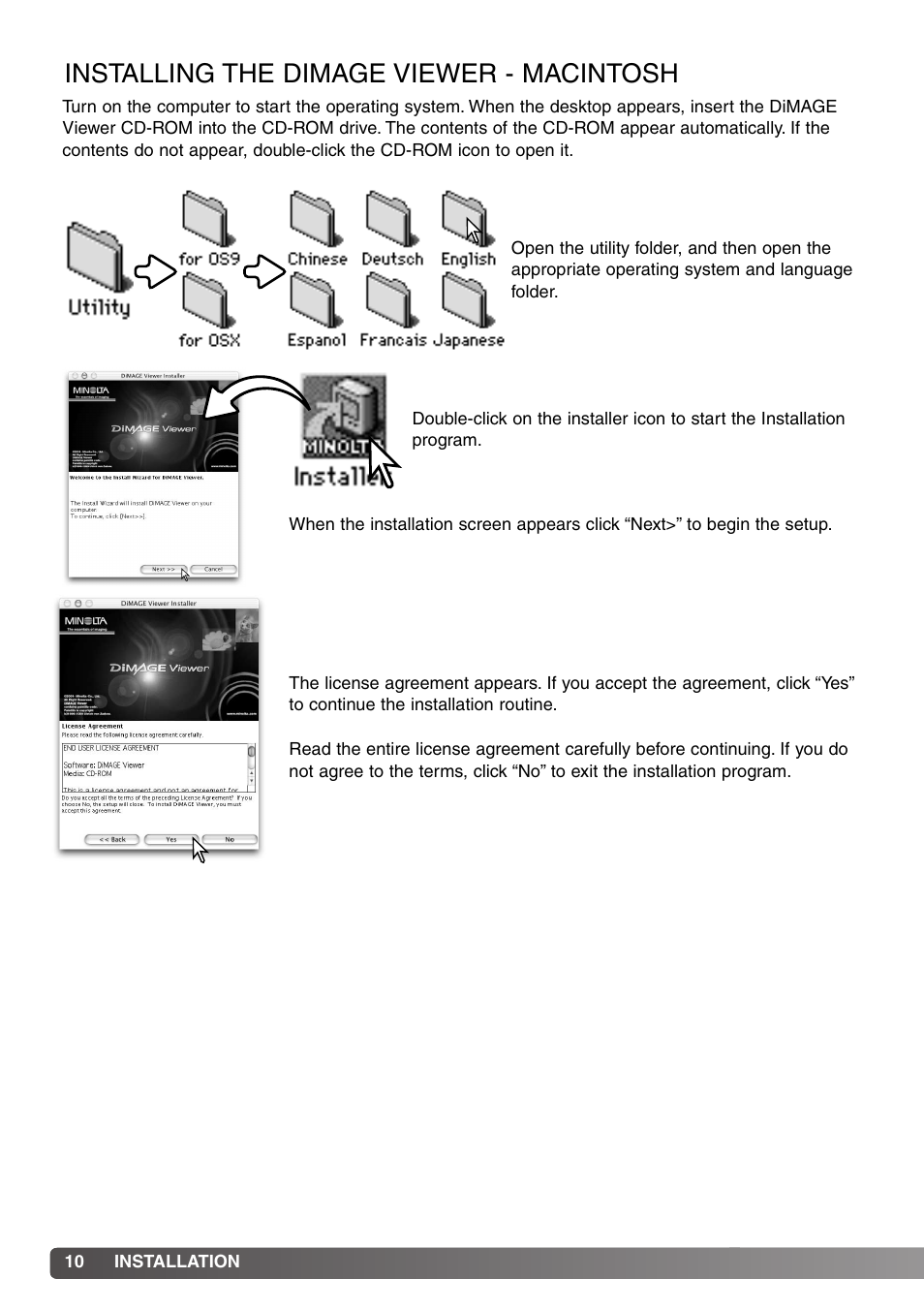 Installing the dimage viewer - macintosh | Minolta DiMAGE Viewer User Manual | Page 10 / 92