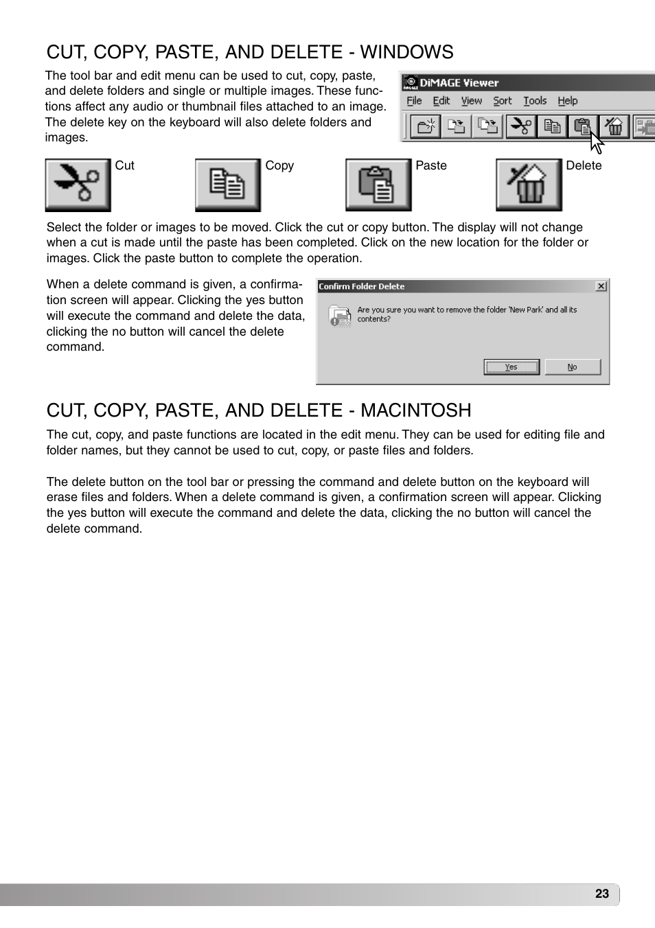 Cut, copy, paste, and delete - windows, Cut, copy, paste, and delete - macintosh | Minolta DiMAGE Viewer User Manual | Page 23 / 92