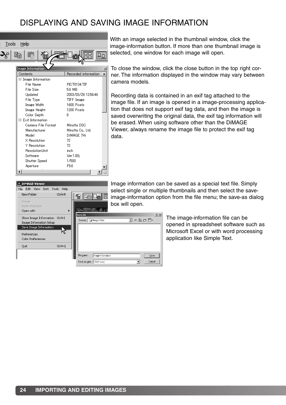 Displaying and saving image information | Minolta DiMAGE Viewer User Manual | Page 24 / 92