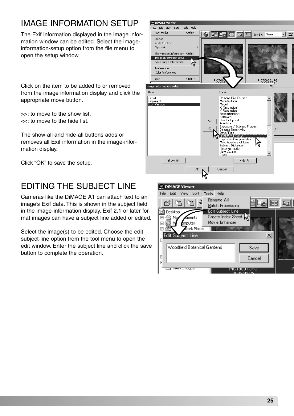 Image information setup editing the subject line, Image information setup, Editing the subject line | Minolta DiMAGE Viewer User Manual | Page 25 / 92