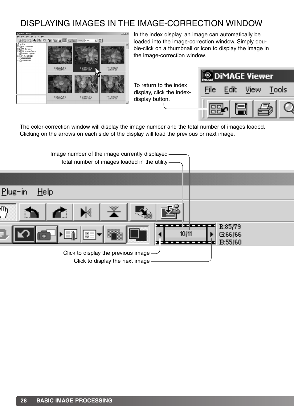 Displaying images in the image-correction window | Minolta DiMAGE Viewer User Manual | Page 28 / 92