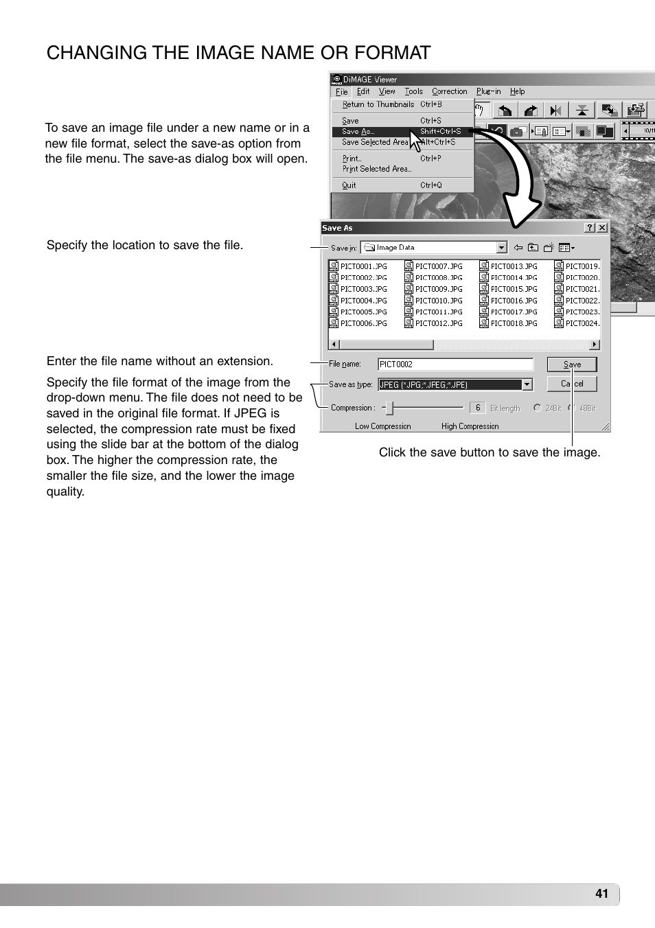 Changing the image name or format | Minolta DiMAGE Viewer User Manual | Page 41 / 92