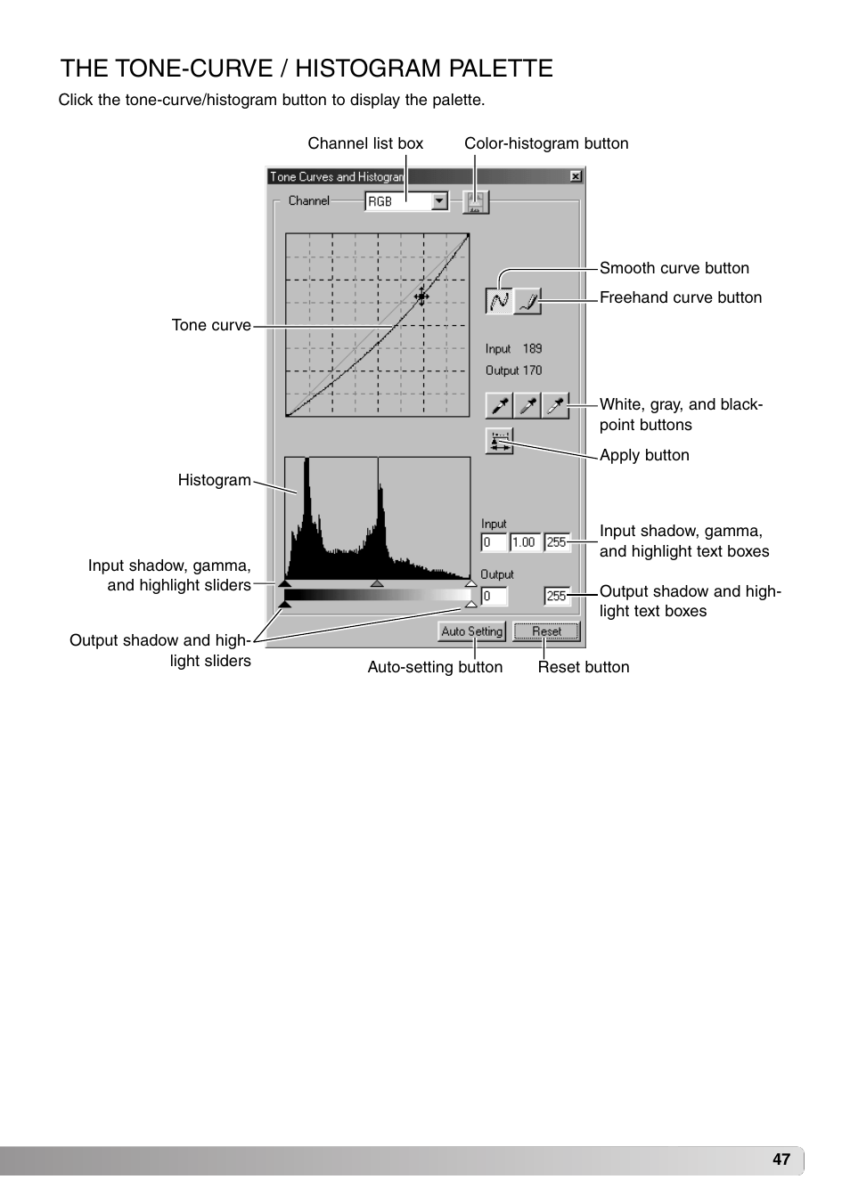 The tone curve / histogram palette, The tone-curve / histogram palette | Minolta DiMAGE Viewer User Manual | Page 47 / 92