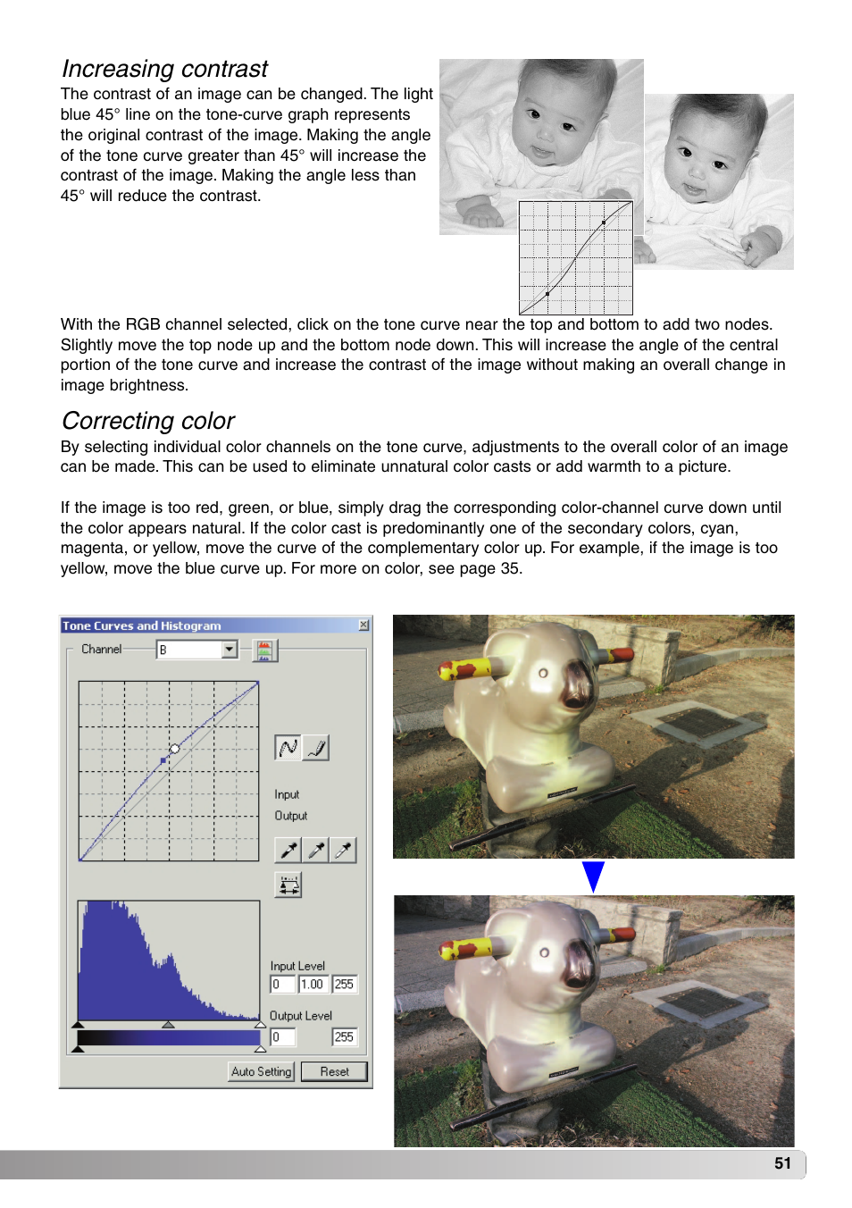 Correcting color, Increasing contrast | Minolta DiMAGE Viewer User Manual | Page 51 / 92