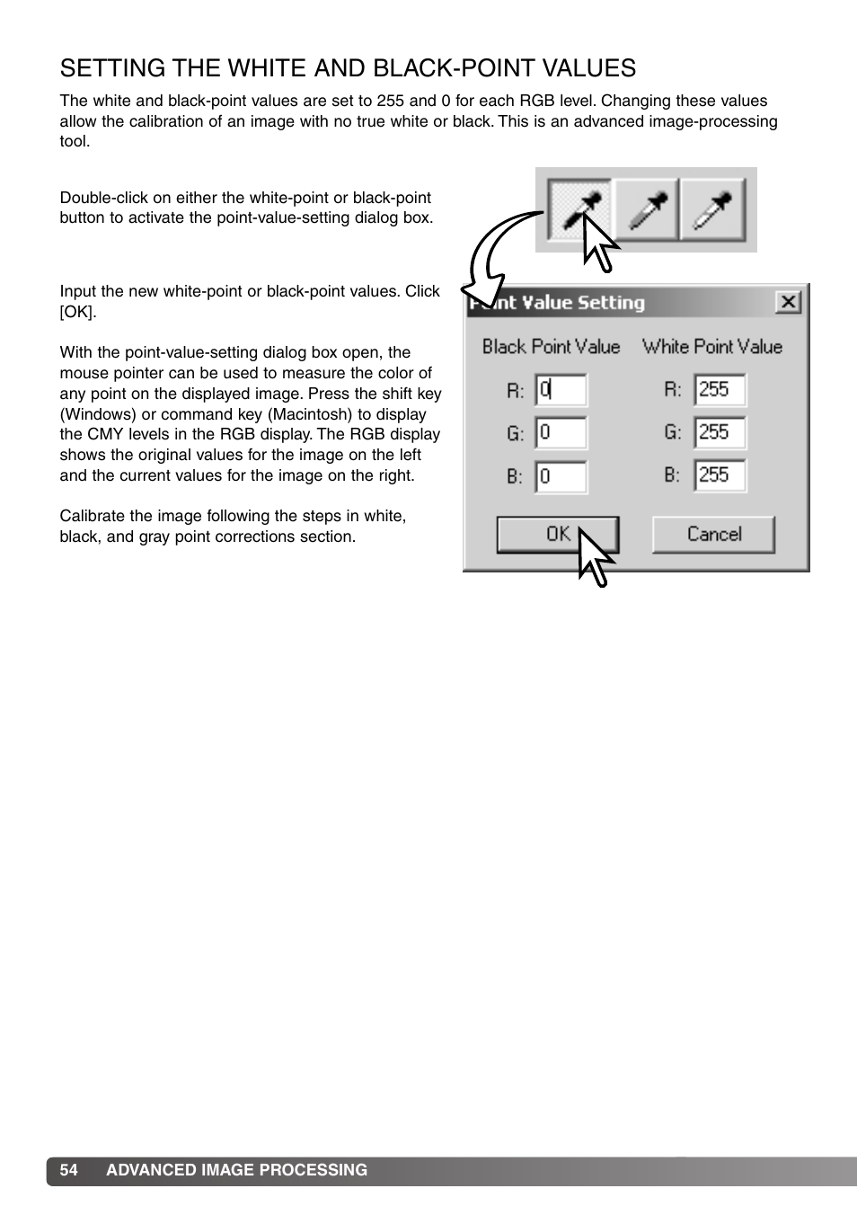 Setting the white and black-point values | Minolta DiMAGE Viewer User Manual | Page 54 / 92
