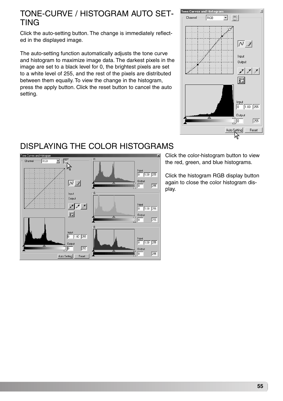 Tone-curve / histogram auto set- ting, Displaying the color histograms | Minolta DiMAGE Viewer User Manual | Page 55 / 92
