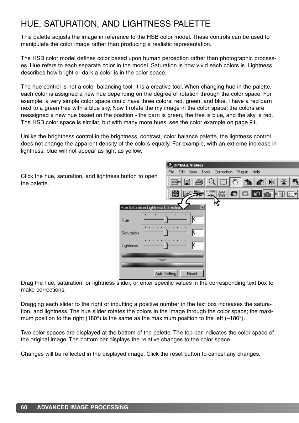 Hue, saturation, and lightness palette | Minolta DiMAGE Viewer User Manual | Page 60 / 92