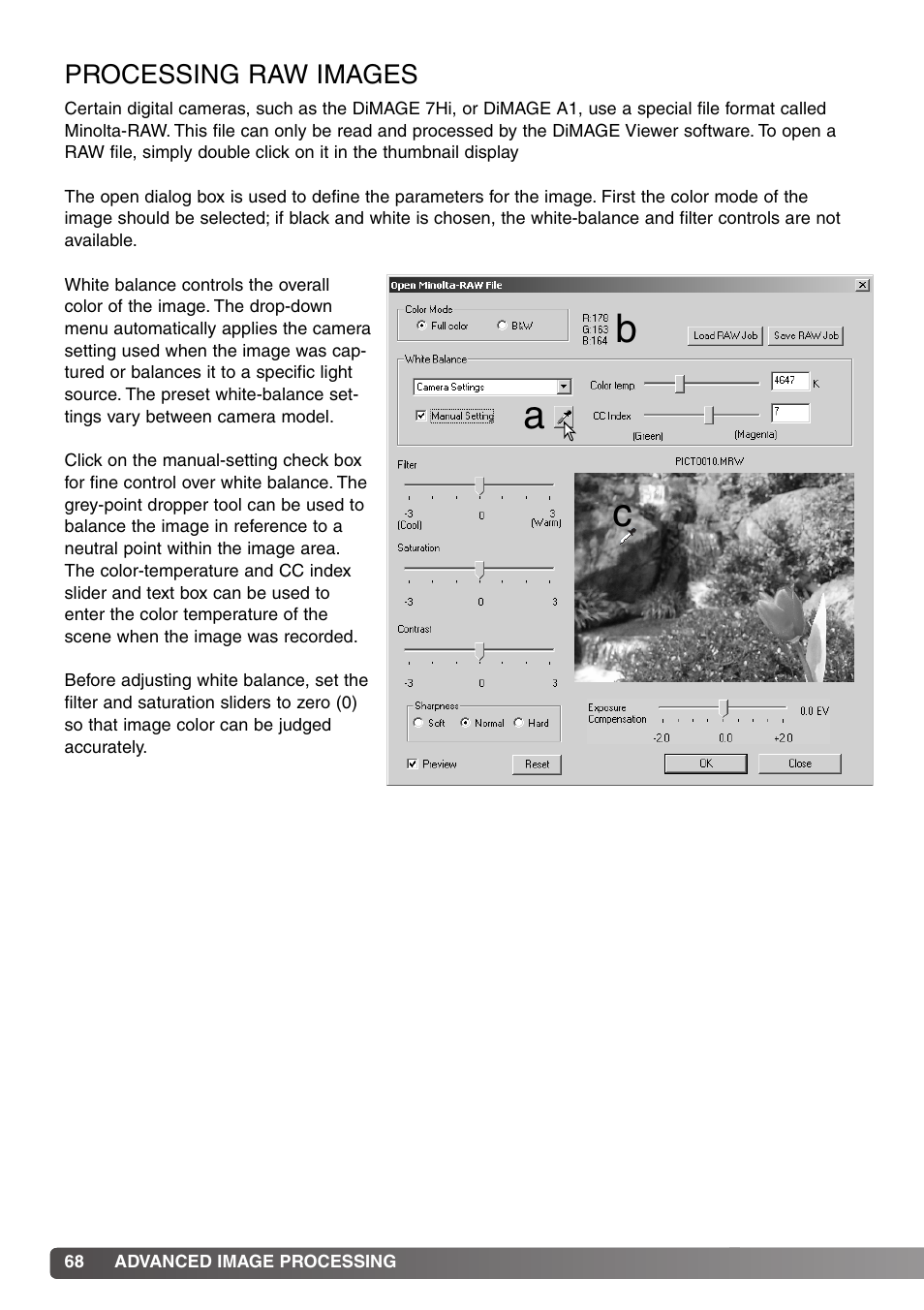 Processing raw images, Bc a | Minolta DiMAGE Viewer User Manual | Page 68 / 92