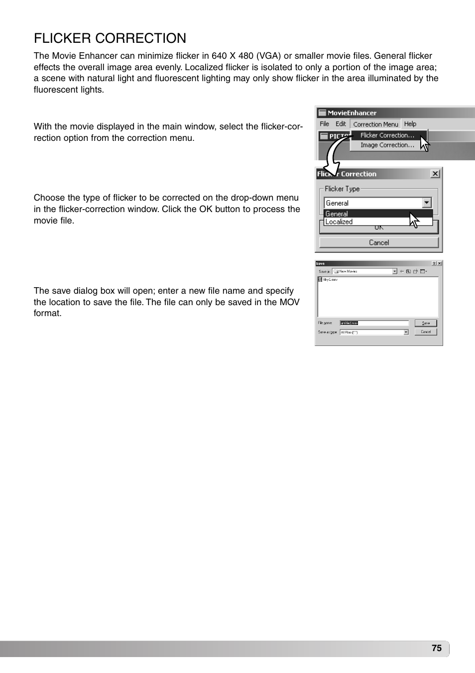 Flicker correction | Minolta DiMAGE Viewer User Manual | Page 75 / 92