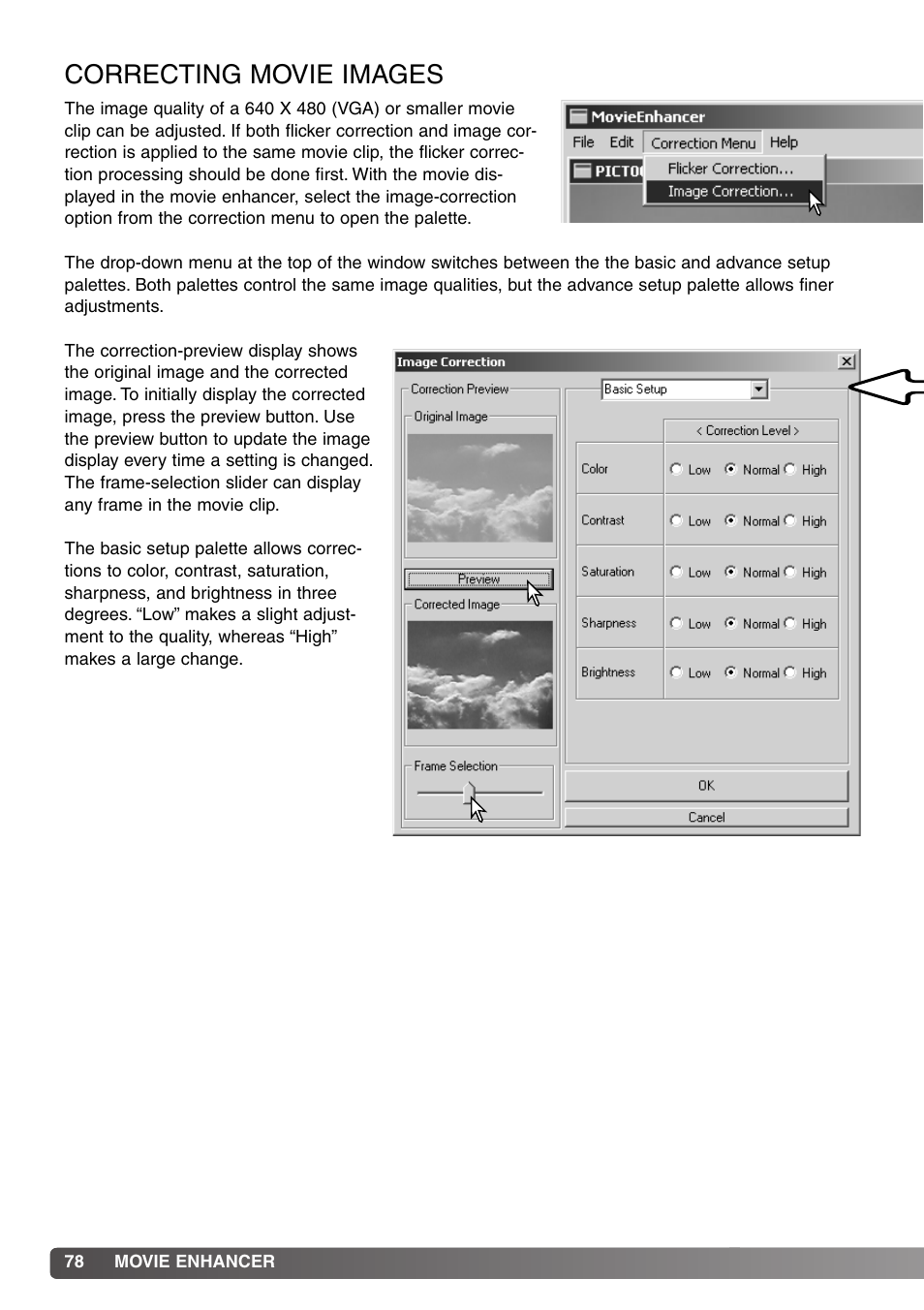 Correcting movie images | Minolta DiMAGE Viewer User Manual | Page 78 / 92