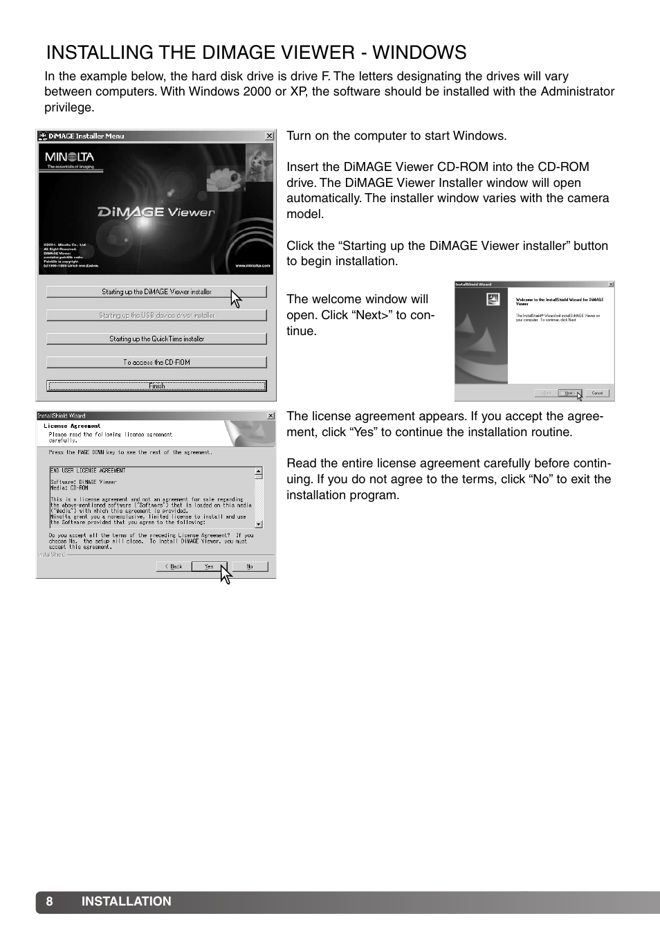 Installation, Installing the dimage viewer - windows | Minolta DiMAGE Viewer User Manual | Page 8 / 92