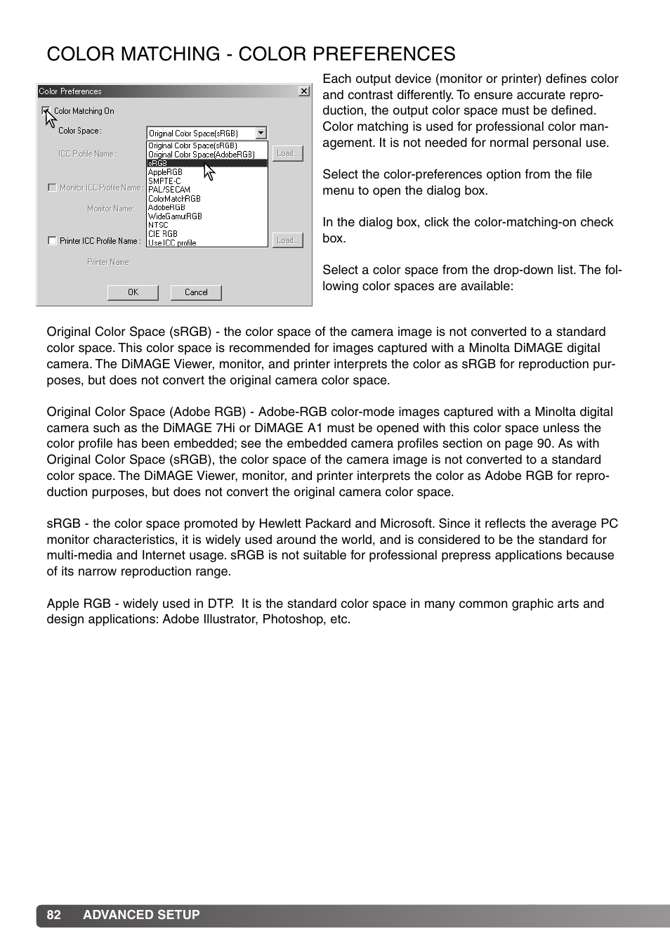 Color matching - color preferences | Minolta DiMAGE Viewer User Manual | Page 82 / 92