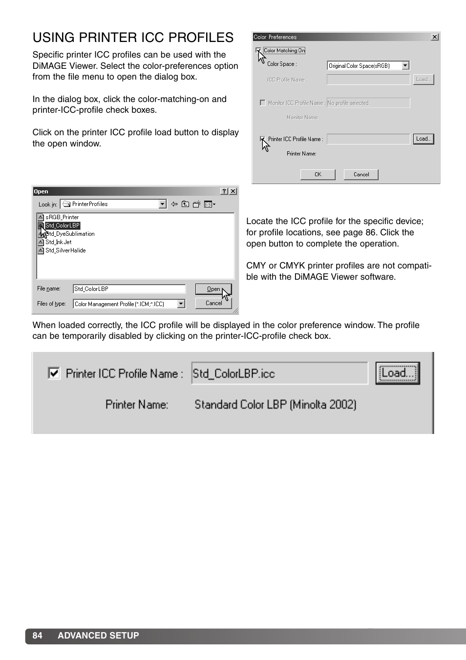 Using printer icc profiles | Minolta DiMAGE Viewer User Manual | Page 84 / 92