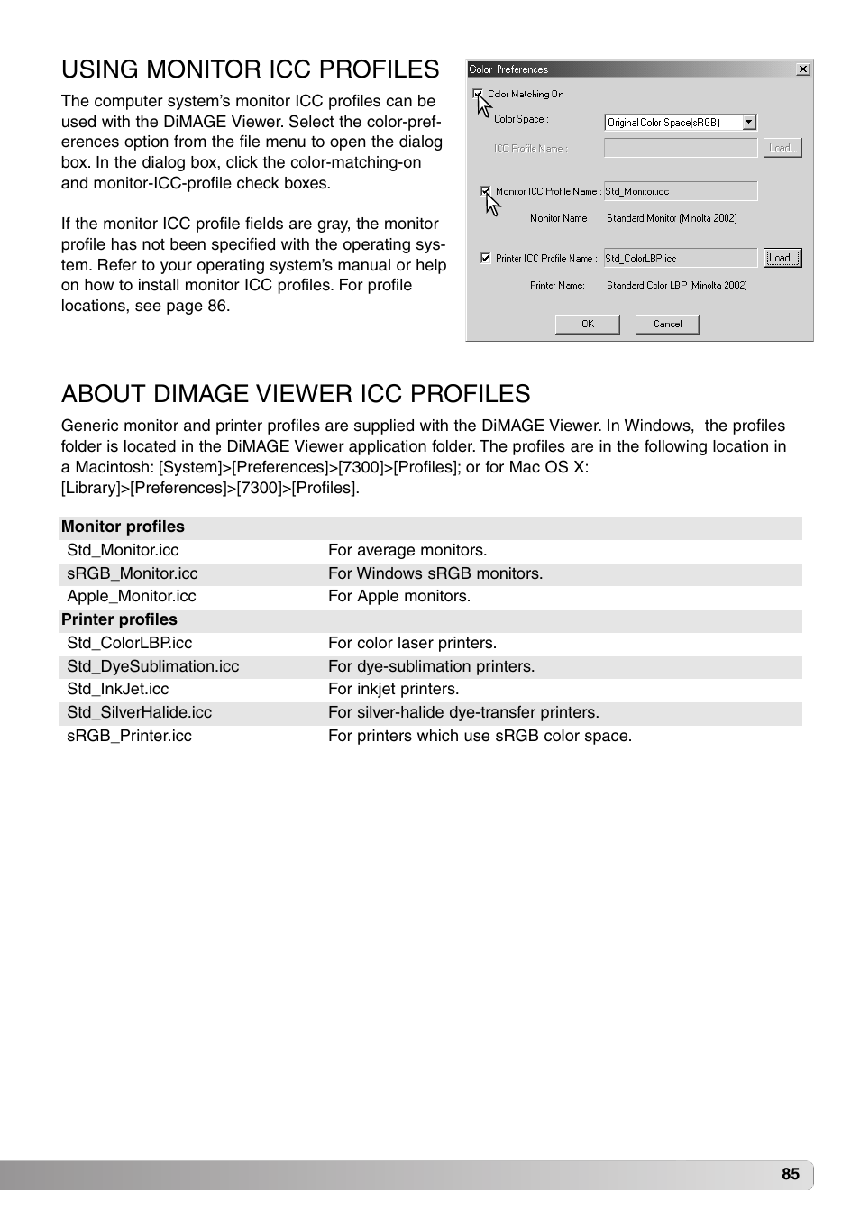 Using monitor icc profiles, About dimage viewer icc profiles | Minolta DiMAGE Viewer User Manual | Page 85 / 92