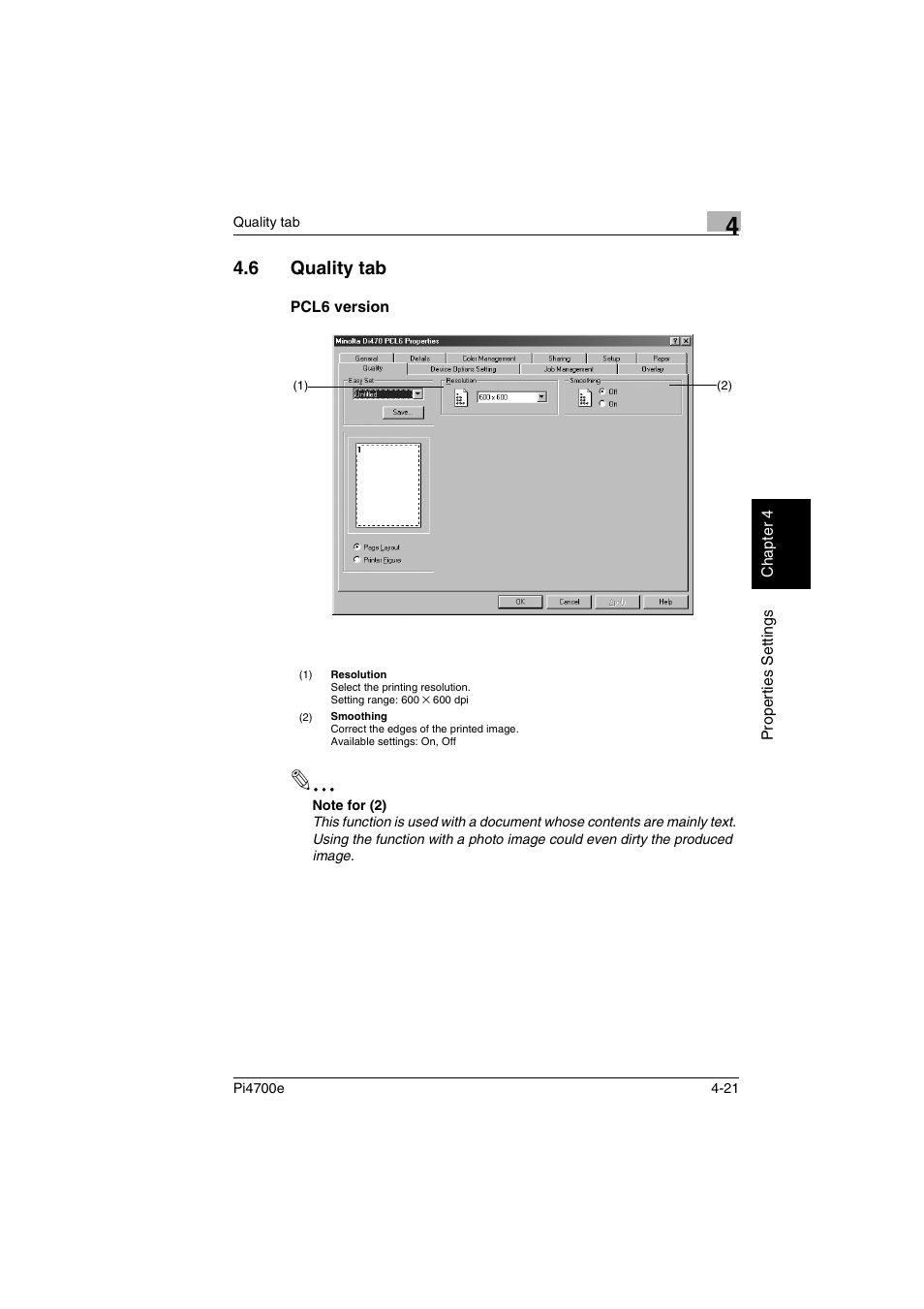 6 quality tab, Pcl6 version, Quality tab -21 pcl6 version -21 | P. 4-21 | Minolta PI4700E User Manual | Page 104 / 426