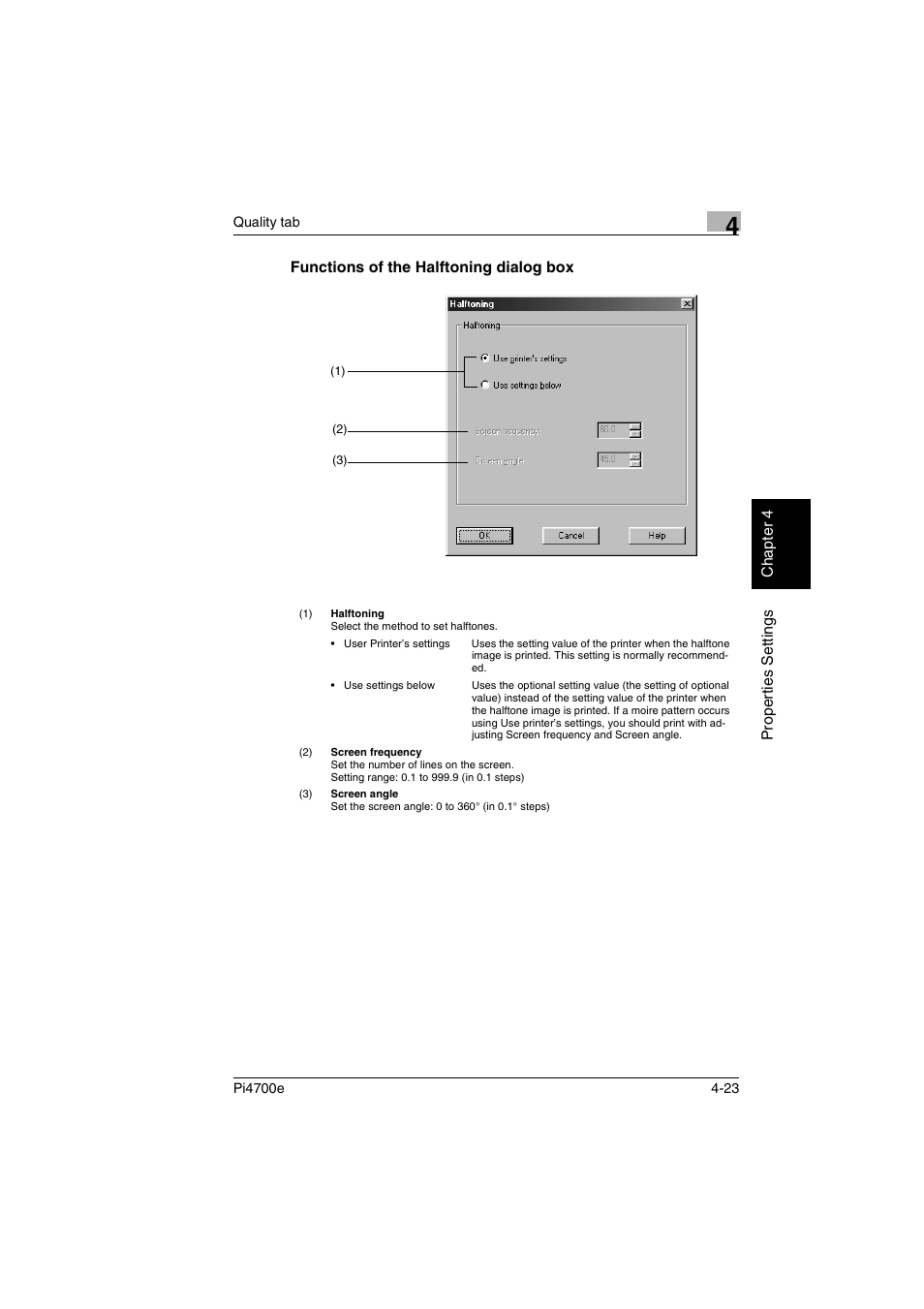 Functions of the halftoning dialog box, Functions of the halftoning dialog box -23 | Minolta PI4700E User Manual | Page 106 / 426