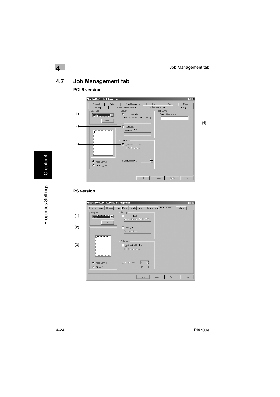 7 job management tab, Job management tab -24, P. 4-24 | Minolta PI4700E User Manual | Page 107 / 426