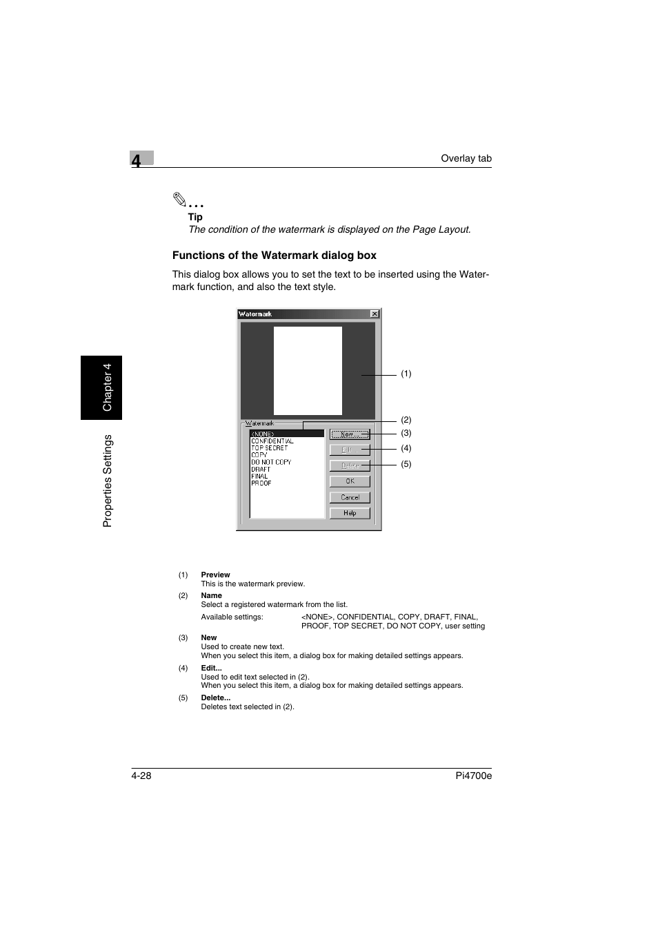 Functions of the watermark dialog box, Functions of the watermark dialog box -28 | Minolta PI4700E User Manual | Page 111 / 426