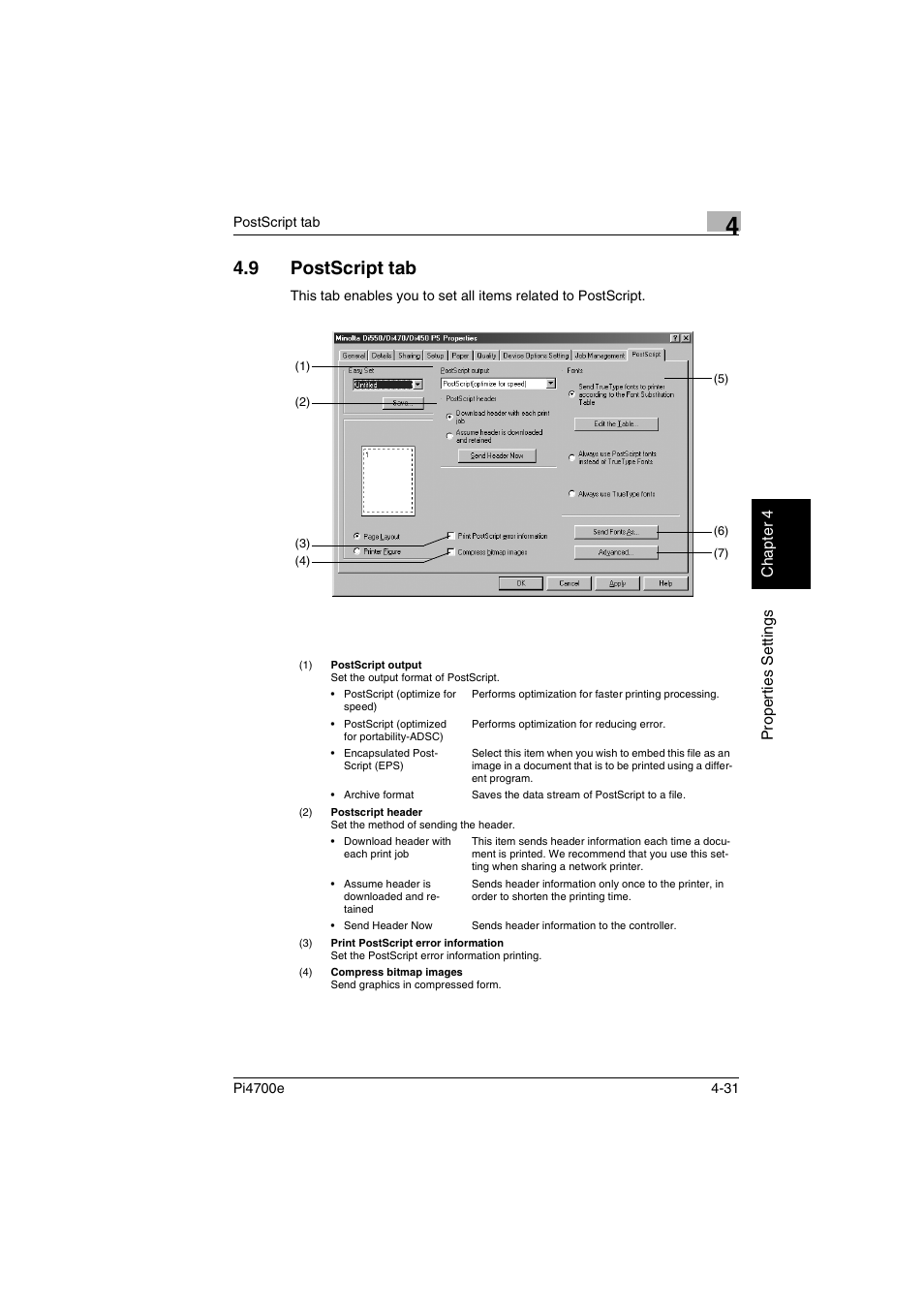 9 postscript tab, Postscript tab -31, P. 4-31 | Minolta PI4700E User Manual | Page 114 / 426