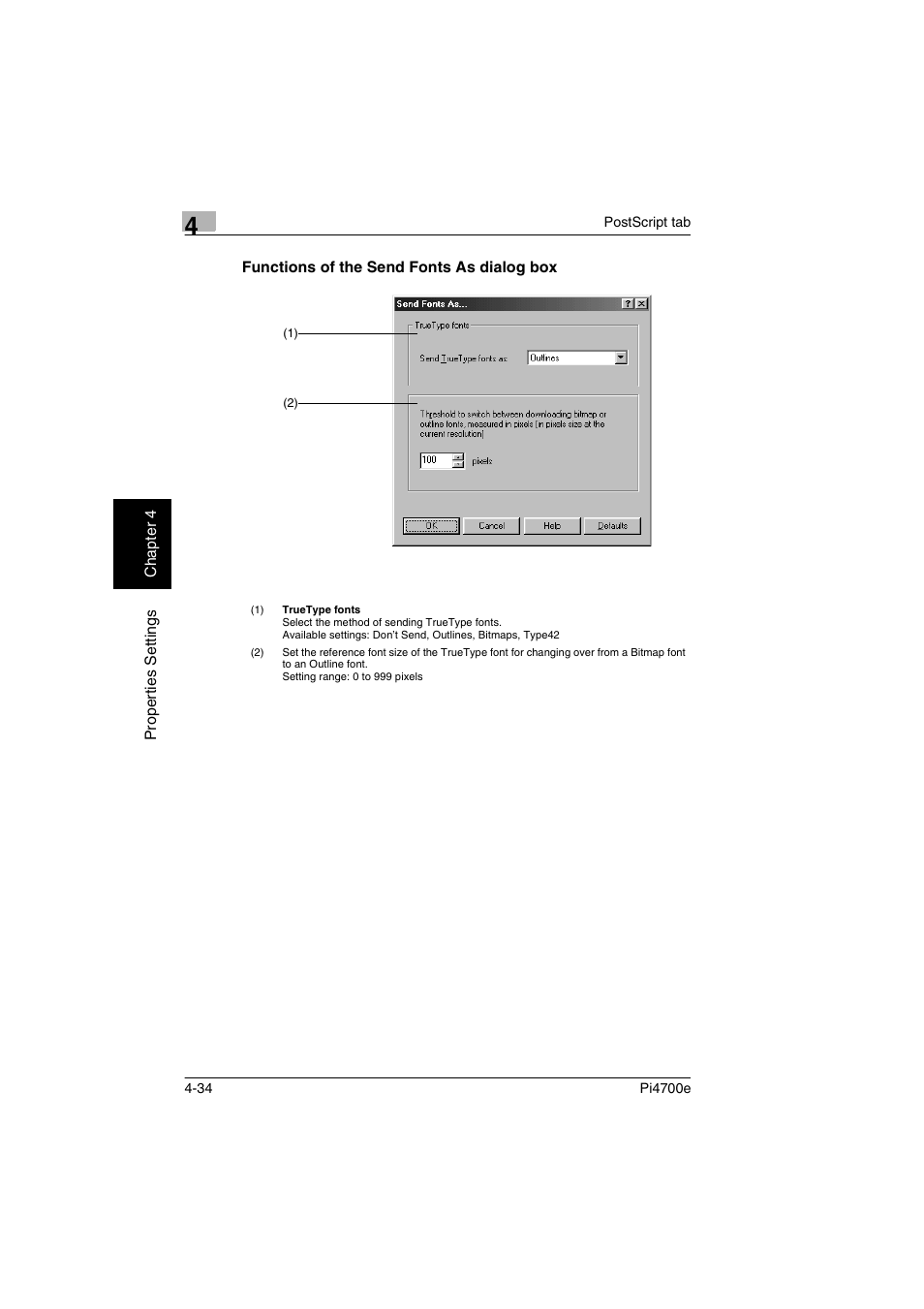 Functions of the send fonts as dialog box, Functions of the send fonts as dialog box -34 | Minolta PI4700E User Manual | Page 117 / 426