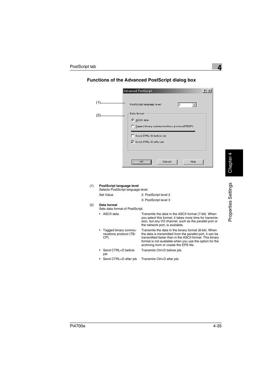 Functions of the advanced postscript dialog box | Minolta PI4700E User Manual | Page 118 / 426