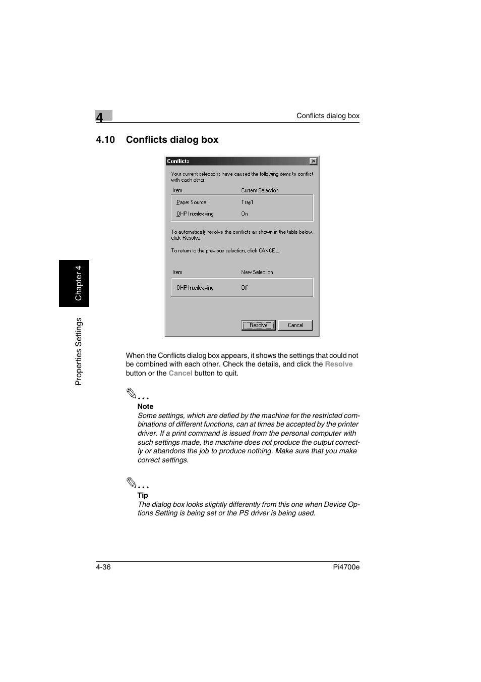 10 conflicts dialog box, Conflicts dialog box -36 | Minolta PI4700E User Manual | Page 119 / 426