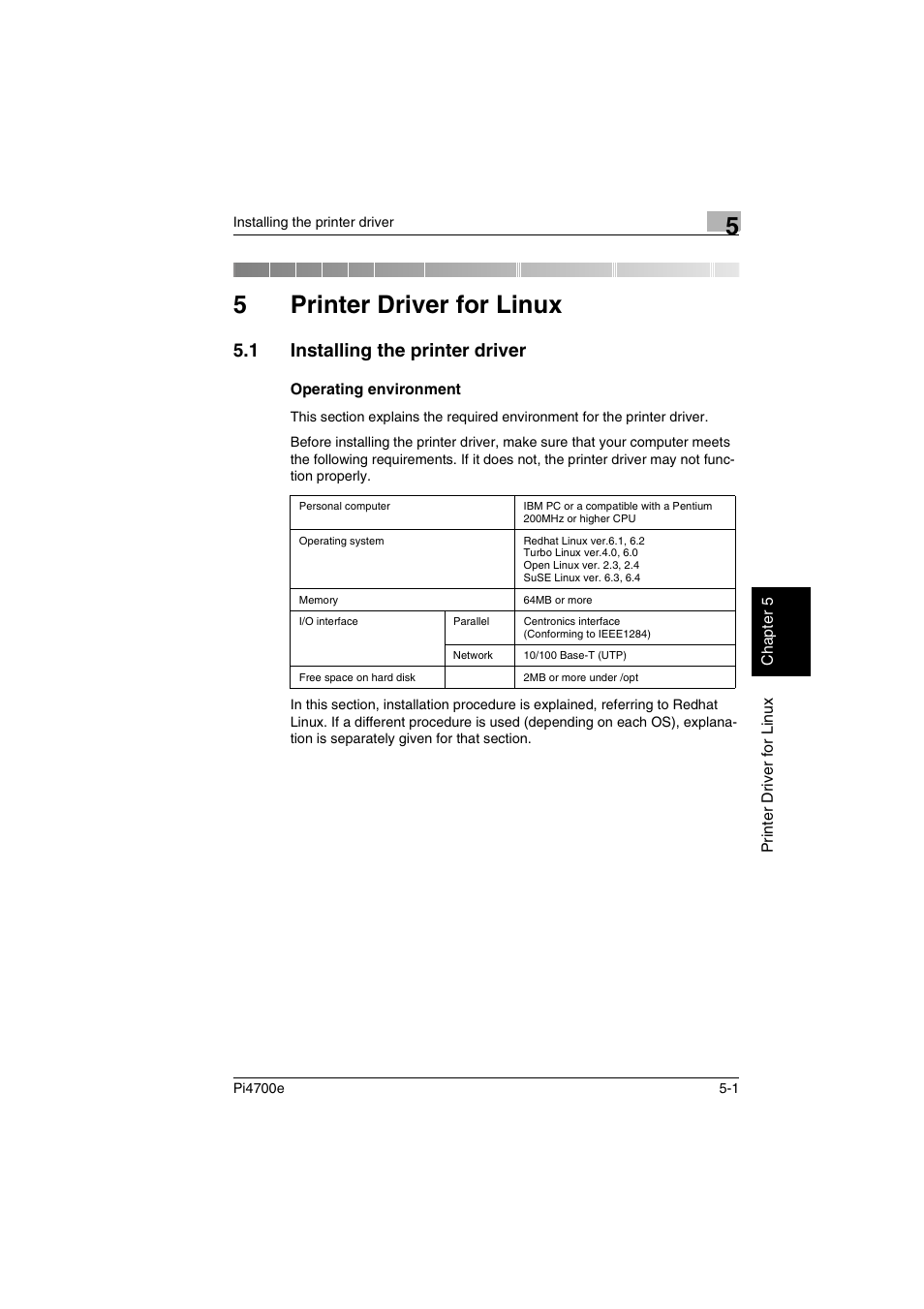 5 printer driver for linux, 1 installing the printer driver, Operating environment | Printer driver for linux, 5printer driver for linux | Minolta PI4700E User Manual | Page 120 / 426