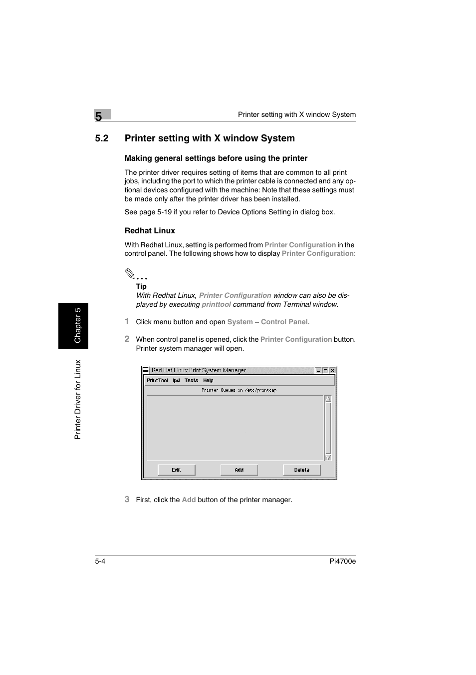 2 printer setting with xwindow system, Making general settings before using the printer, Redhat linux | 2 printer setting with x window system | Minolta PI4700E User Manual | Page 123 / 426