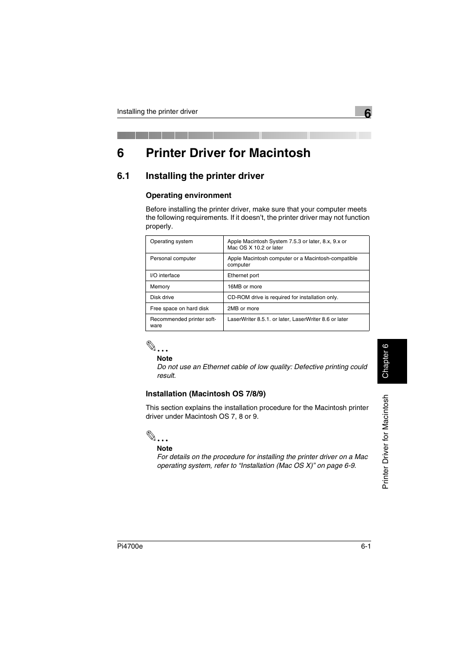 6 printer driver for macintosh, 1 installing the printer driver, Operating environment | Installation (macintosh os 7/8/9), Printer driver for macintosh, 6printer driver for macintosh | Minolta PI4700E User Manual | Page 156 / 426