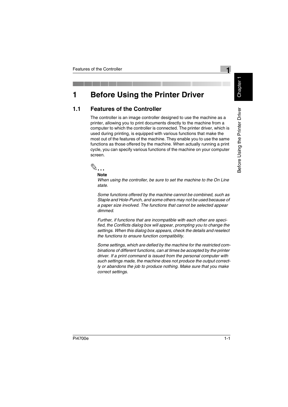 1 before using the printer driver, 1 features of the controller, Before using the printer driver | Features of the controller -1, 1before using the printer driver | Minolta PI4700E User Manual | Page 16 / 426