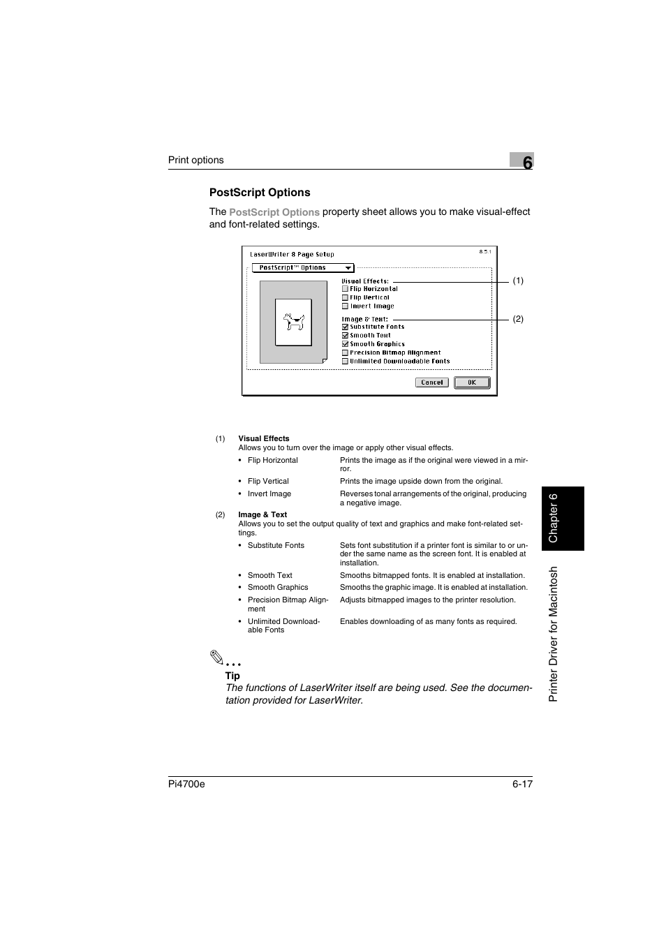 Postscript options, Postscript options -17, P. 6-17 | Minolta PI4700E User Manual | Page 172 / 426