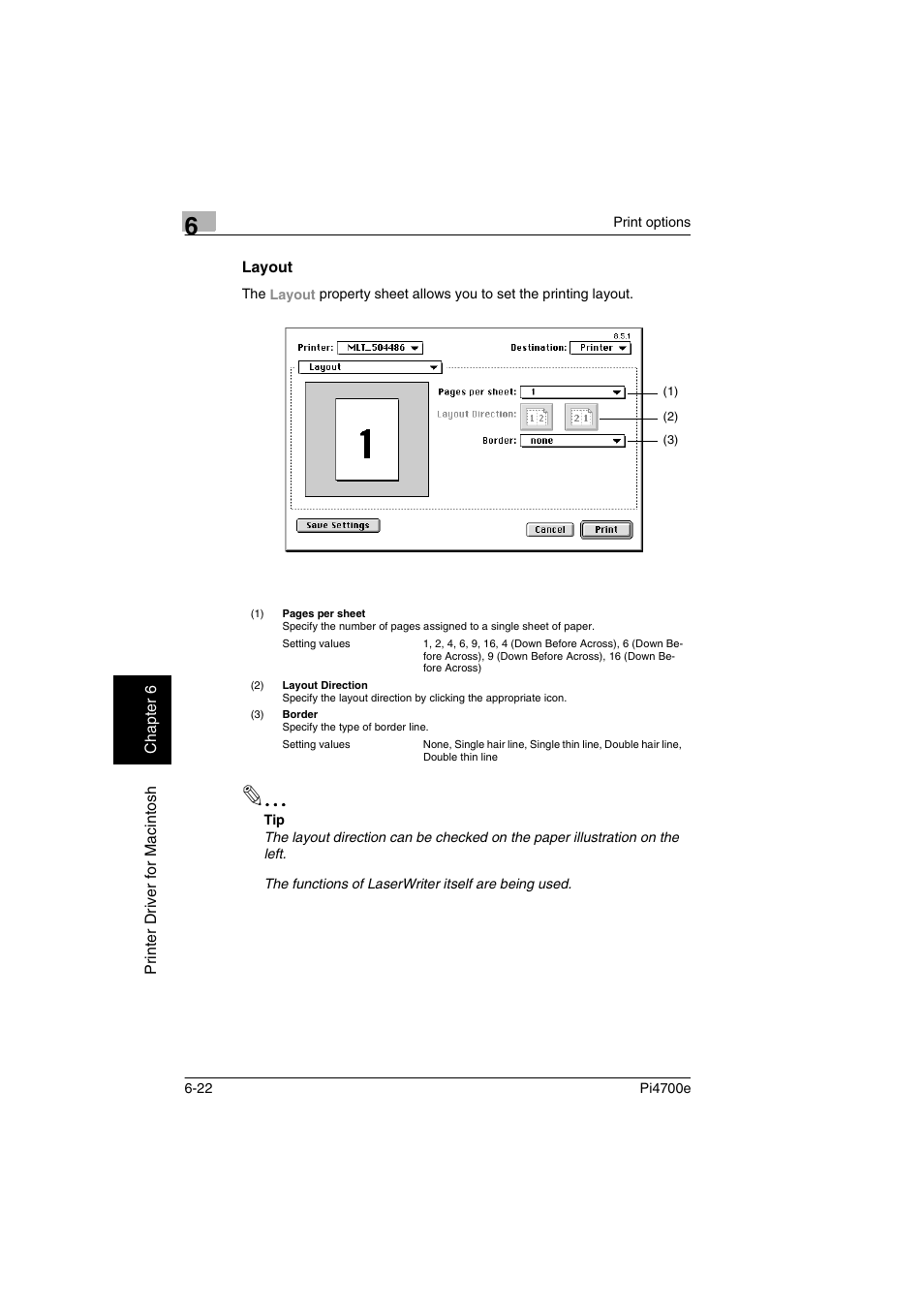 Layout, Layout -22, P. 6-22 | Minolta PI4700E User Manual | Page 177 / 426