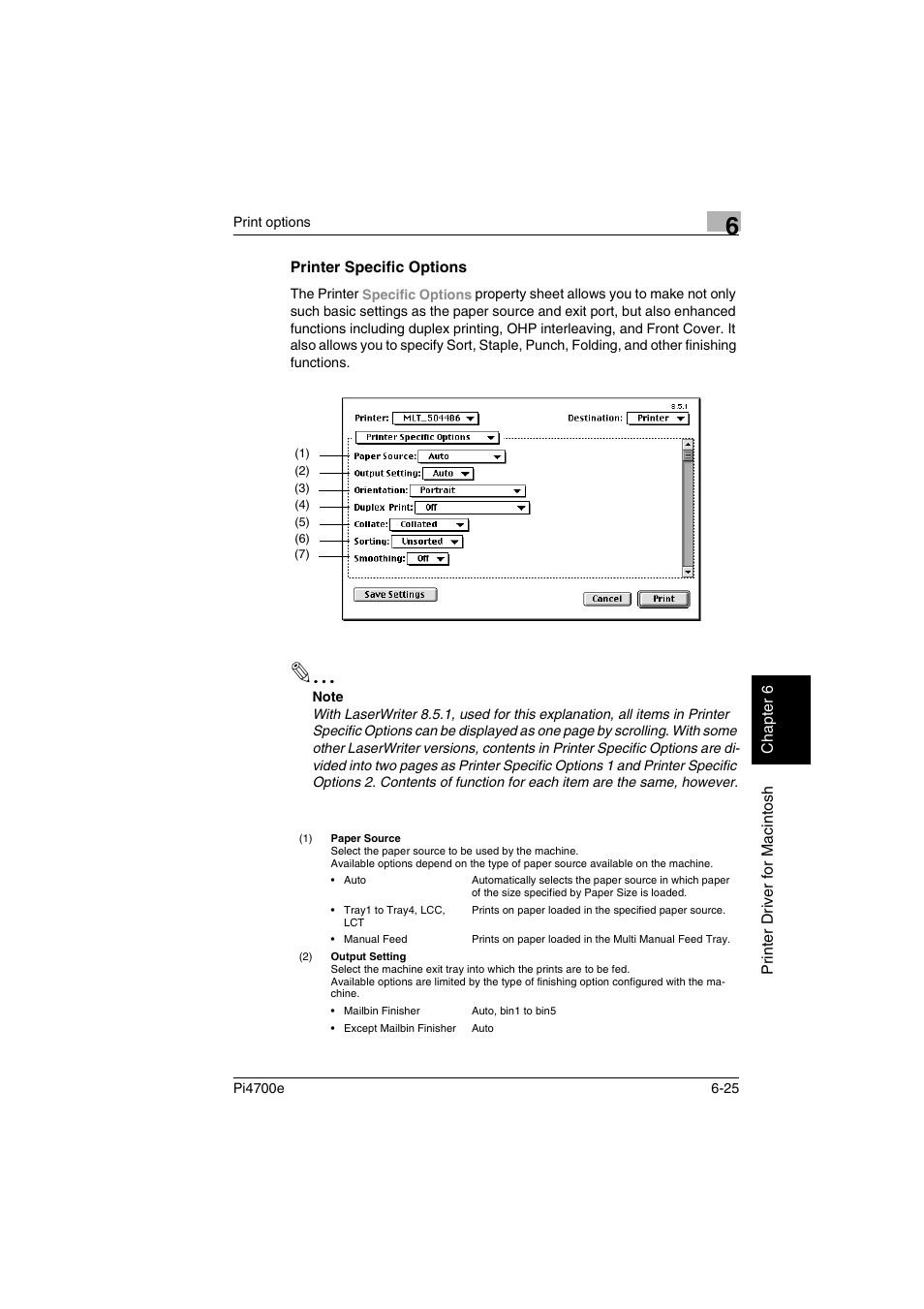 Printer specific options, Printer specific options -25, P. 6-25 | Minolta PI4700E User Manual | Page 180 / 426