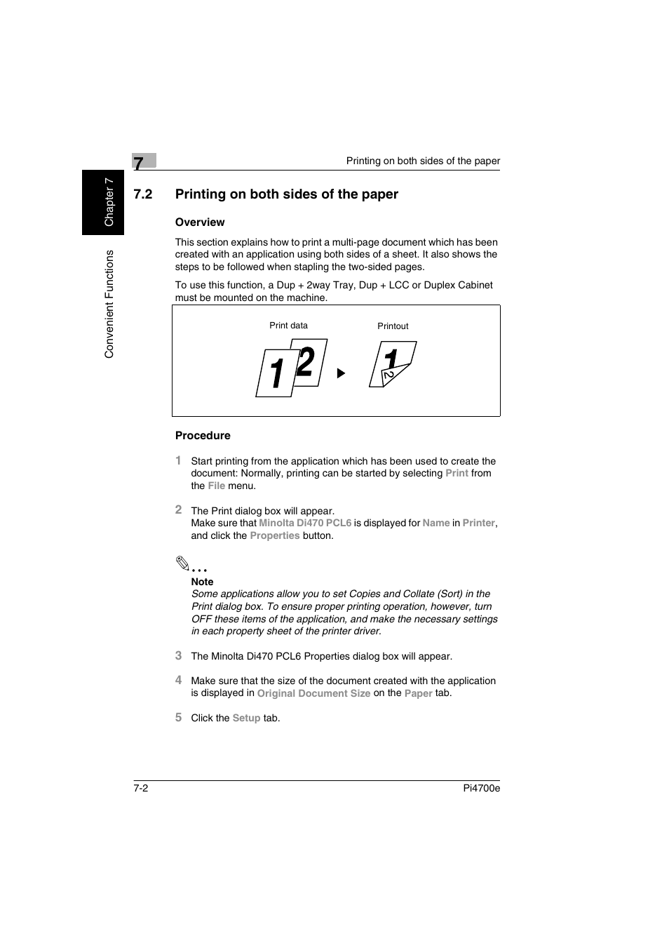 2 printing on both sides of the paper, Overview, Procedure | P. 7-2) | Minolta PI4700E User Manual | Page 197 / 426